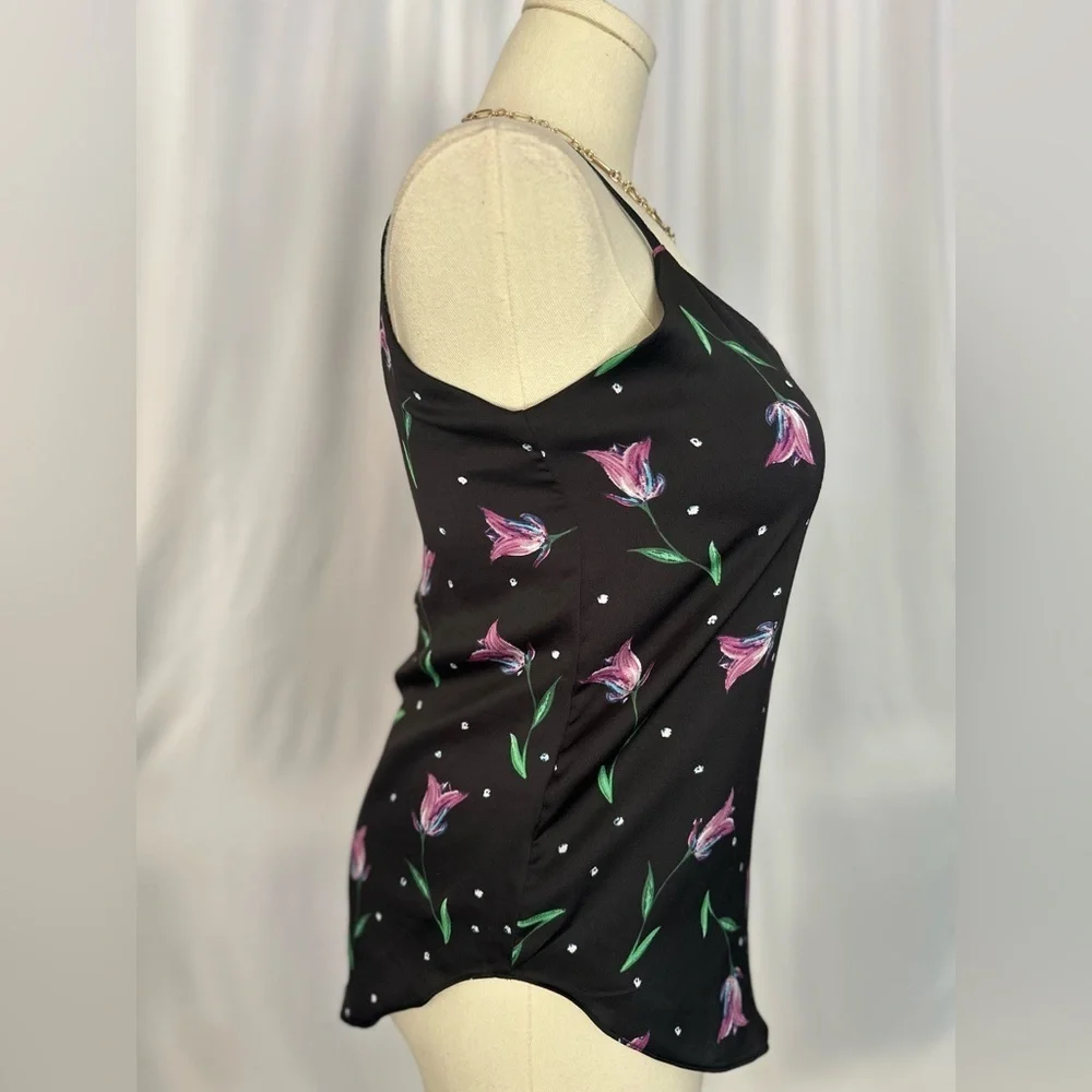 Tahari Floral Satin Cami Top Black Pink Lily Print V-Neck Spaghetti strap (1066)